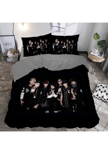 Siyah Bts Grup Temalı Baskılı Çift Kişilik Nevresim Takımı