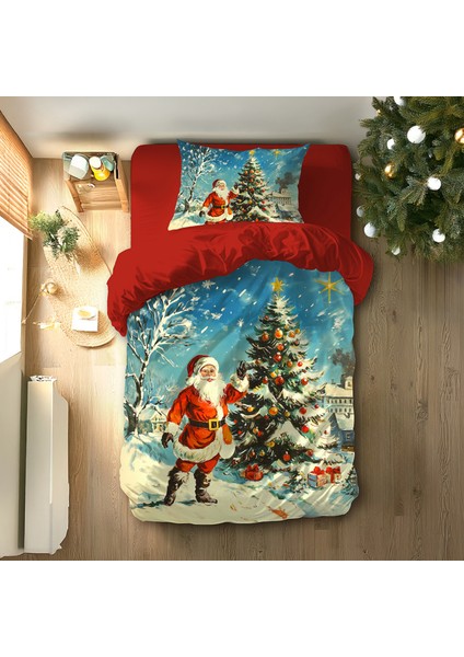 Santa ve Yılbaşı Ağacı Temalı Baskılı Tek Kişilik Nevresim Takımı