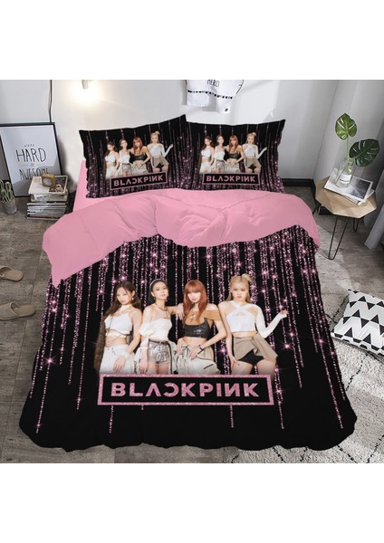 Pembe Star Black Pink Temalı Baskılı Çift Kişilik Nevresim Takımı