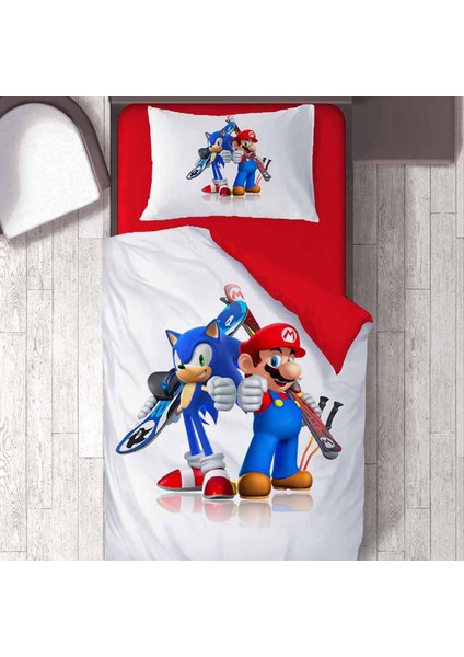 Sonic ve Mario Temalı Baskılı Tek Kişilik Nevresim Takımı