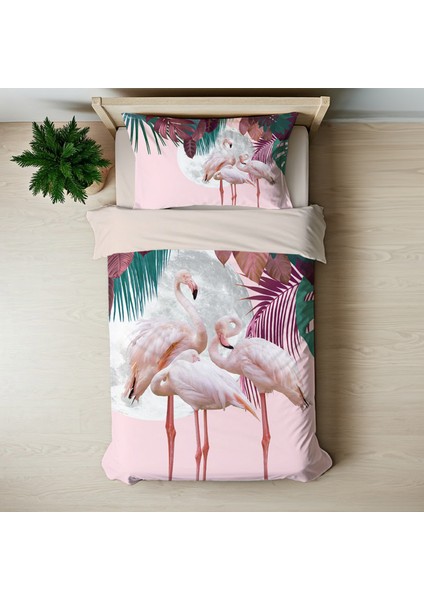 Pembe Flamingo Temalı Baskılı Tek Kişilik Nevresim Takımı
