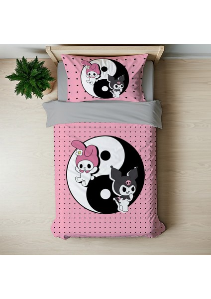Kuromi Ying Yang Temalı Baskılı Tek Kişilik Nevresim Takımı