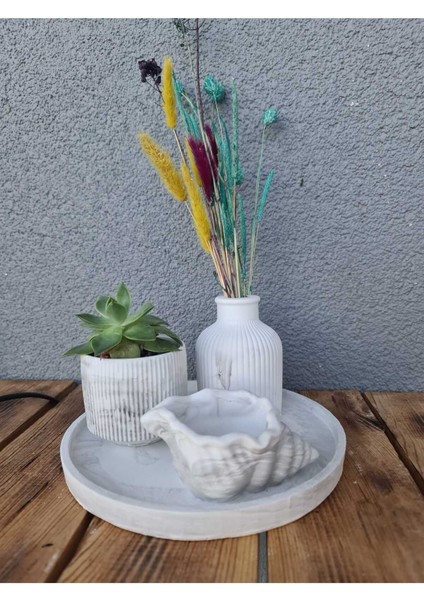 Mermer Desen Dekoratif Beton Set Yuvarlak Tepsi,deniz Kabuğu Mumluk, Kapaklı Kutu, Vazo fiyatları