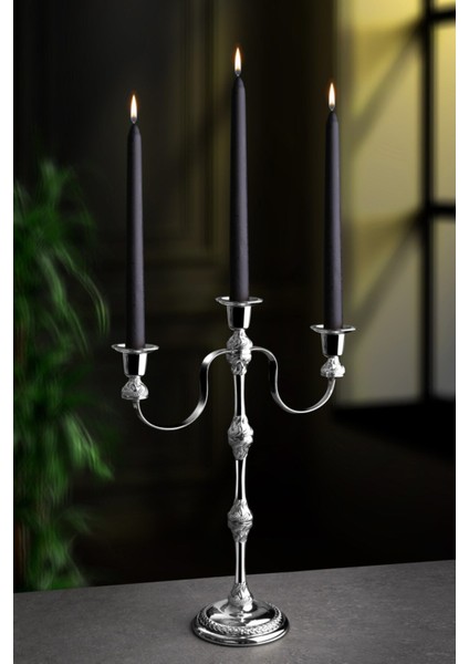 Lüx Dekoratif 3' Lü Şamdan,mumluk - Gümüş