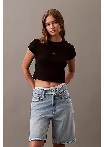 Kadın Ck Slim Crop T-Shirt - Siyah