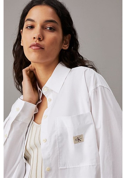 Kadın Woven Label Relaxed Gömlek - Beyaz fırsatları