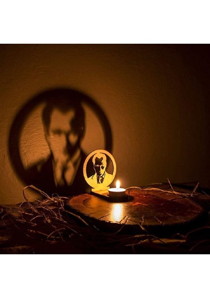 10K Dekor Ahşap Lazer Kesim Tealight Portre Atatürk Gölge Mumluk
