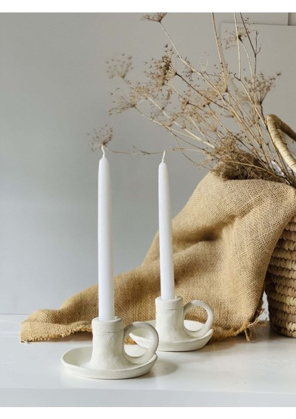 El Yapımı 2li Krem Kulplu Şamdan 2li Mum Seti Yılbaşı Hediye Paketi
