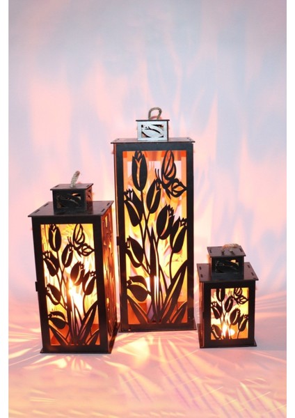 Ahşap Fener Mumluk 3lü Set (Renk Siyah)
