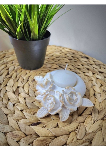 Gül Desen Tealigt Mumluk ve Krem Kokulu Mum - Beyaz