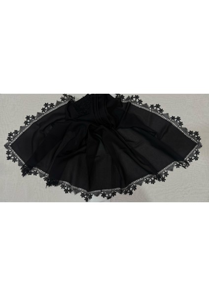 3 Kenarı Işlemeli El Işi Iğne Oyası Mevlüt Başörtüsü 140 * 70 cm Boyutunda - Siyah