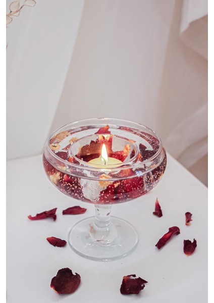 Gül Yapraklı Sevgililer Gününe Özel Tasarlanmış Mumluk, Tamamen El Yapımı (Kuru Çiçekli)(Bordo)