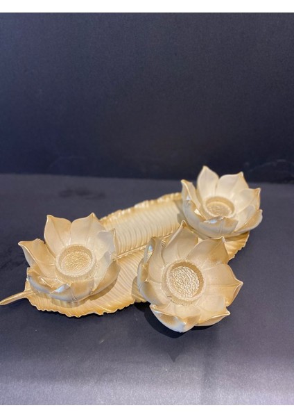 Dekoratif Polyester Üçlü Mumluk Krem-Gold Eskitme