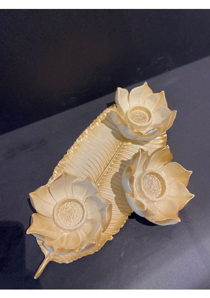 Dekoratif Polyester Üçlü Mumluk Krem-Gold Eskitme fiyatları