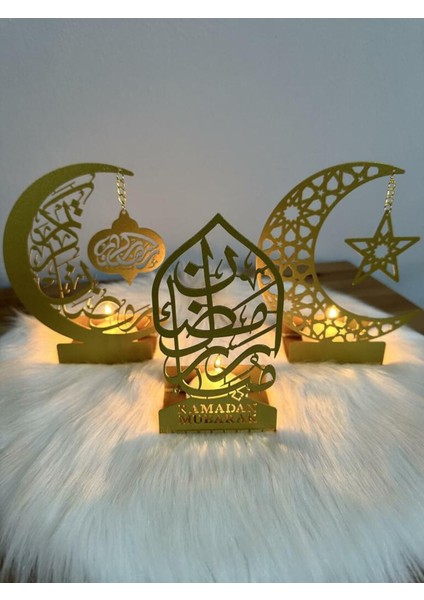 3'lü Metal Mübarek Ramazan Mumluk Seti - Altın - Hoşgeldin Ramazan Süsleri Ev Dekorasyon - WAMH099