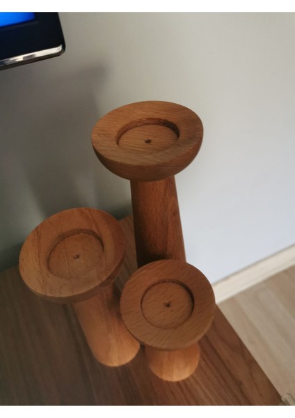 Uzun Ayaklı Mantar 3 Lü Set Ahşap Şamdan Mumluk Dekor