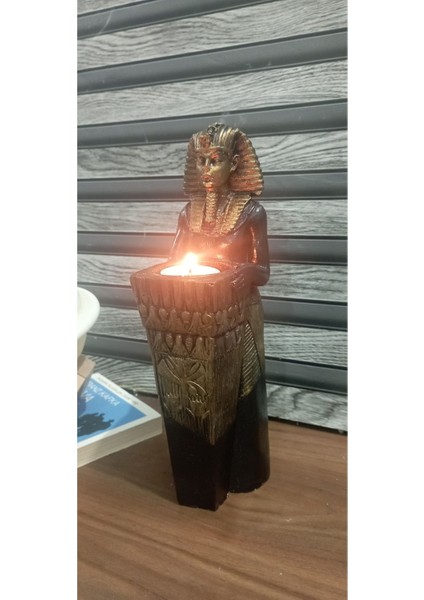 Dekoratif Antik Mısır Tanrısı Firavun Biblo&mumluk&şamdan (Boy 25 cm , Çap 9 cm )