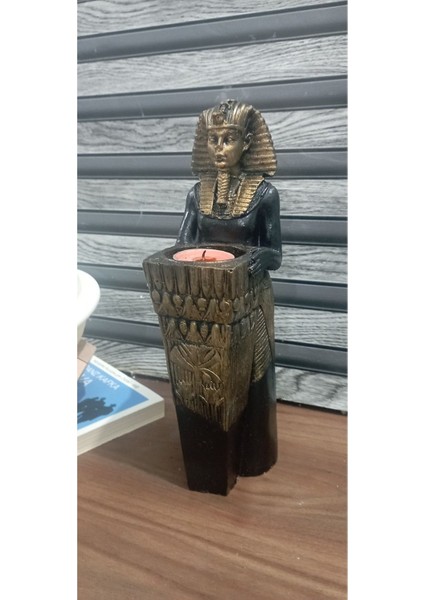 Dekoratif Antik Mısır Tanrısı Firavun Biblo&mumluk&şamdan (Boy 25 cm , Çap 9 cm )