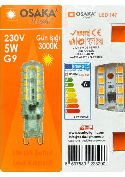 (8 adet) Osaka 5W 3000K (Sarı Işık) G9 Duylu LED Kapsül ampul