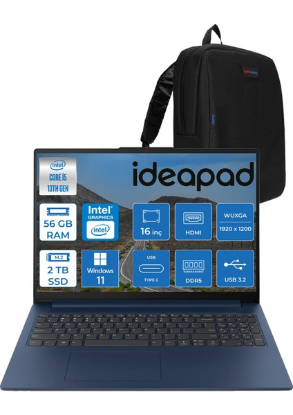 Ideapad Slim 3 16IRH10 Intel Core I5 13420H 56 GB 1tb SSD + 1tb SSD Windows 11 Pro 16" Wuxga (1920X1200) IPS 300NITS Taşınabilir Bilgisayar 83K2001RTRP12 + Zetta Çanta