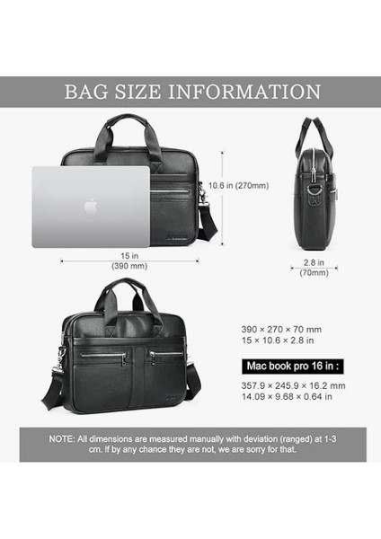 ® 14"- 15.6" Erkekler Için Deri Dizüstü Bilgisayar Çantası Inek Derisi Hakiki Deri - Dolgulu Bölmeli Iş Çantası - Ipad, MacBook Ofis ve Çıkarılabilir Omuz