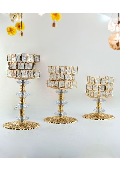 3 Lü Kristal Taşlı Gold Zigzag Şamdan