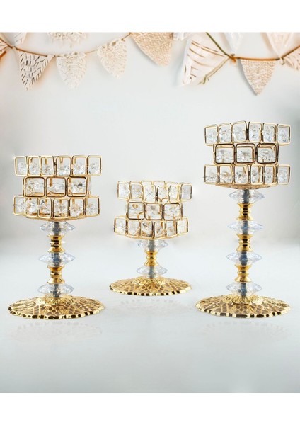 3 Lü Kristal Taşlı Gold Zigzag Şamdan