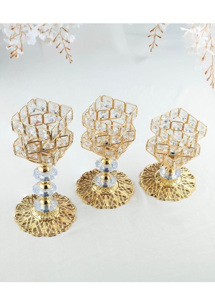 3 Lü Kristal Taşlı Gold Zigzag Şamdan