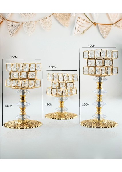 3 Lü Kristal Taşlı Gold Zigzag Şamdan