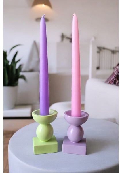 Sütun Mumluk Şamdan | 2'li Set | El Yapımı | Lila - Yeşil | Unique | Iconic | 8x6 cm