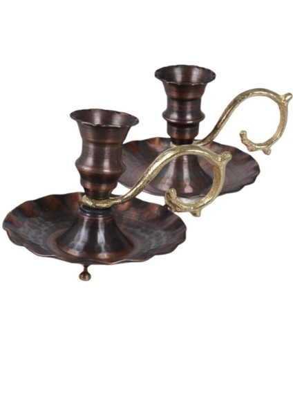 Metal Bakır Mumluk Eskitme Bakır 2'li Set 2 Parça Metalik 14 x 12