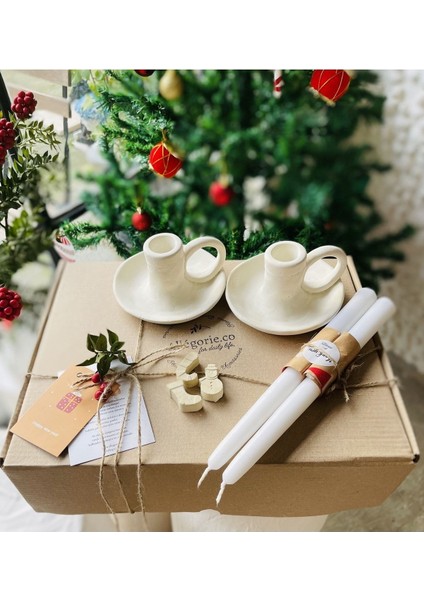 El Yapımı 2li Krem Kulplu Şamdan 2li Mum Seti Yılbaşı Hediye Paketi