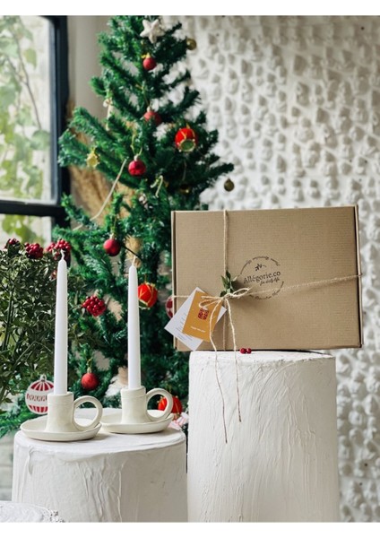El Yapımı 2li Krem Kulplu Şamdan 2li Mum Seti Yılbaşı Hediye Paketi fiyatları
