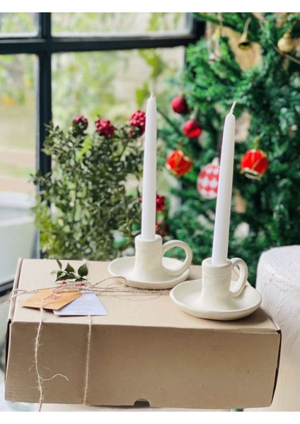 El Yapımı 2li Krem Kulplu Şamdan 2li Mum Seti Yılbaşı Hediye Paketi fırsatları