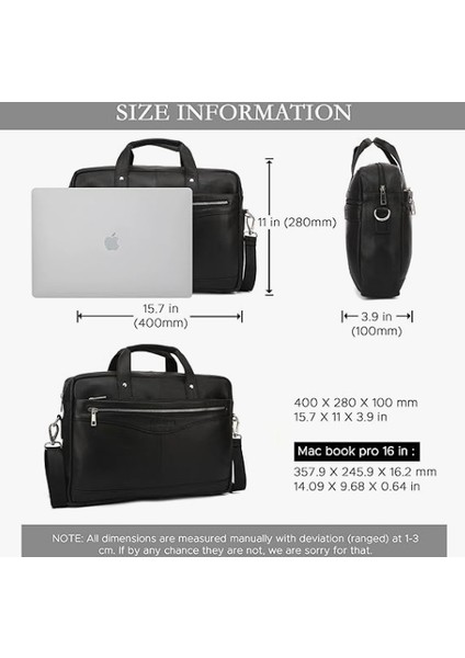 Aldebran® 14"- 15.6" Erkekler Için Deri Dizüstü Bilgisayar Çantası Inek Derisi Deri - Dolgulu Bölmeli Iş Çantası - Ipad, MacBook Ofis ve Çıkarılabilir Omuz Askısı