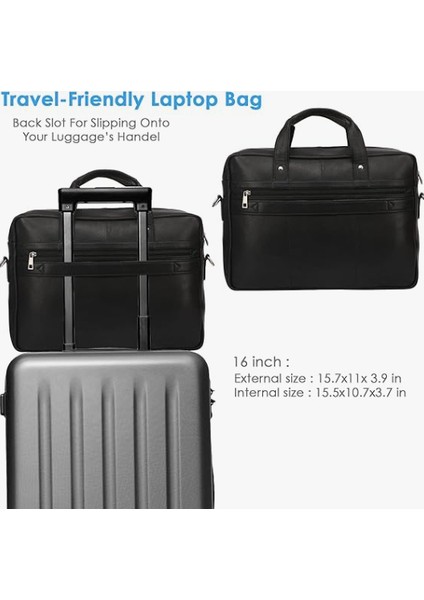 Aldebran® 14"- 15.6" Erkekler Için Deri Dizüstü Bilgisayar Çantası Inek Derisi Deri - Dolgulu Bölmeli Iş Çantası - Ipad, MacBook Ofis ve Çıkarılabilir Omuz Askısı