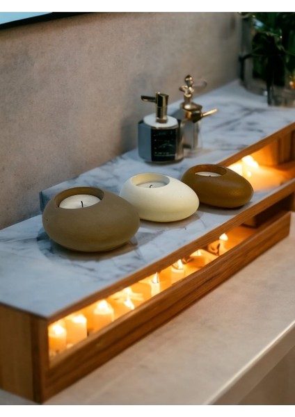 Three Drops Minimal Dekoratif Beton Tealight Mumluk 3'lü Set [ Vizon-Beyaz-Karamel ]
