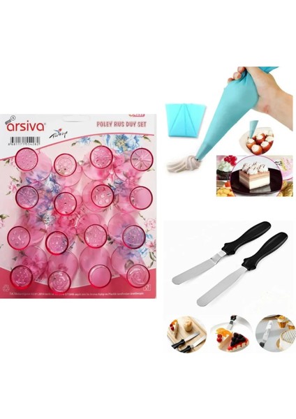 Rus Duy Seti 16 Adet + Metal Pasta Spatulası Paleti Tarağı 2li + Krema Torbası Seti Pasta Seti