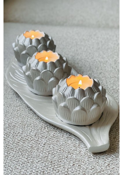 Lotus Çiçeği Beton Mumluk-Yaprak Tepsi-Mini Saksı 4'lü Aksesuar Seti-Dekoratif Ev Dekorasyon ,obje
