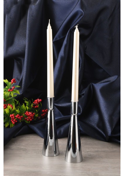 Kule 2'li Şamdan Gümüş Kaplam Modern Metal Mumluk Şamdan Seti