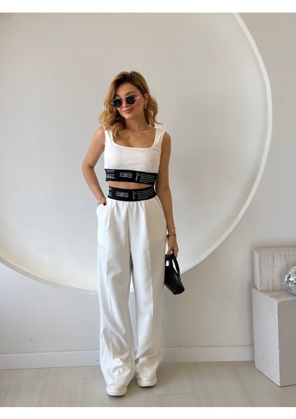 Beyaz Pantolon Crop Takım