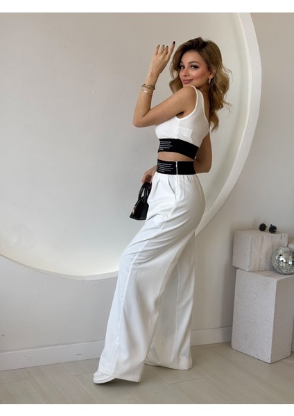 Beyaz Pantolon Crop Takım