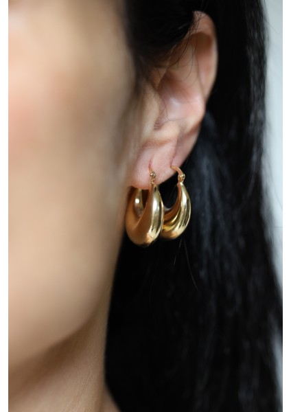 14 Ayar Altın Bombeli Oval Halka Küpe