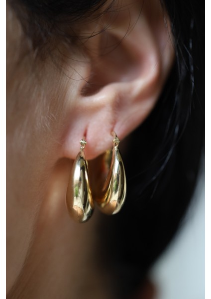 14 Ayar Altın Bombeli Oval Halka Küpe modelleri