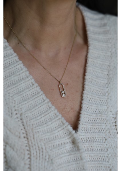 14 Ayar Altın Çift Taş Detaylı Tasarım Kolye