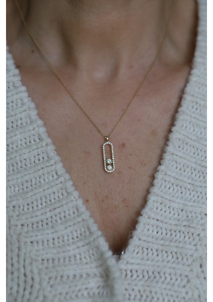 14 Ayar Altın Çift Taş Detaylı Tasarım Kolye fırsatları