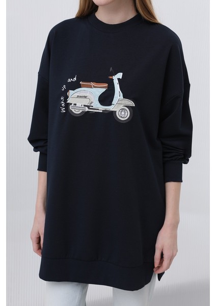 Kadın Önü Scooter Baskılı ve Garnili Tunik