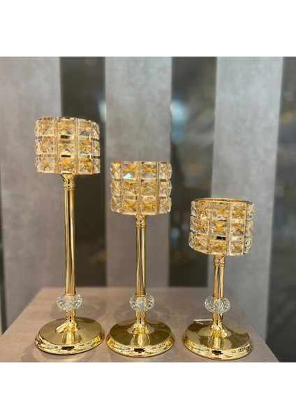 Kristal Taşlı 3’lü Şamdan Mumluk Altın Gold 1.boy 31 cm 2.boy 36 cm 3.boy 41 cm