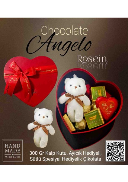 Angelo Chocolate 350 gr Ayıcık Hediyeli Kalp Kutu Çikolata