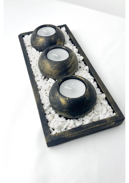 3'lü Yuvarlak Siyah Üstü Sarı Yaldızlı Tealight Mumluk Seti • Dikdörtgen Sunum Tepsili / 0016YMS3SY